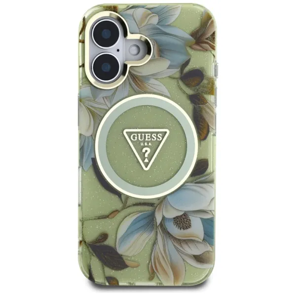 Guess Glitter Flowers Triangle Buttons MagSafe - Case for iPhone 16 (green)