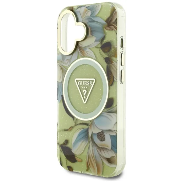 Guess Glitter Flowers Triangle Buttons MagSafe - Case for iPhone 16 (green)