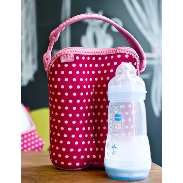 BUILT Bottle Buddy Two Bottle Tote with holder (Baby Pink Mini Dots)