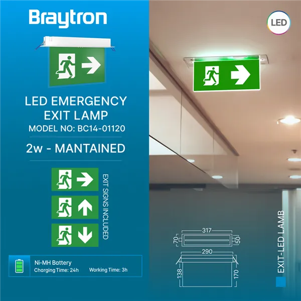BRY-EXIT-LED-2W-RCS-IP20-WHT-EMERGENCY EXIT
