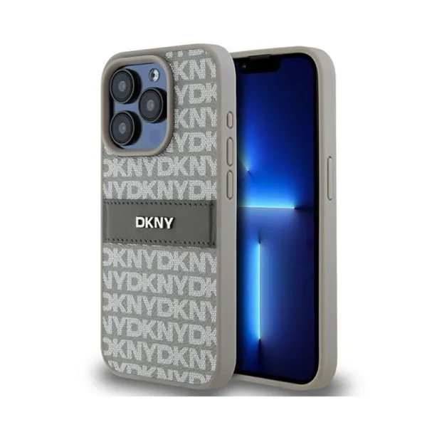 DKNY Leather Mono Stripe & Metal Logo - iPhone 15 Pro Case (beige)