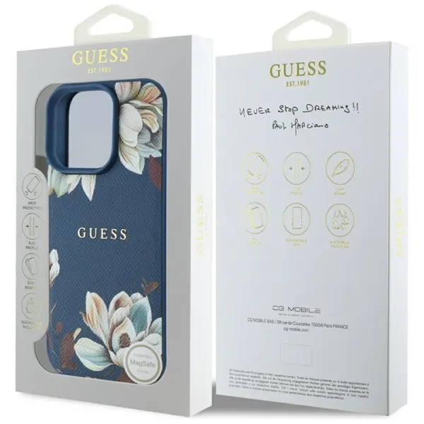 Guess Grained Printed Flower Pattern MagSafe - Case for iPhone 16 Pro (blue)
