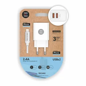 Wall Charger + MFI Certified Lightning Cable Tech One Tech TEC2402 White Double Lightning