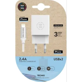 Wall Charger + MFI Certified Lightning Cable Tech One Tech TEC2402 White Double Lightning