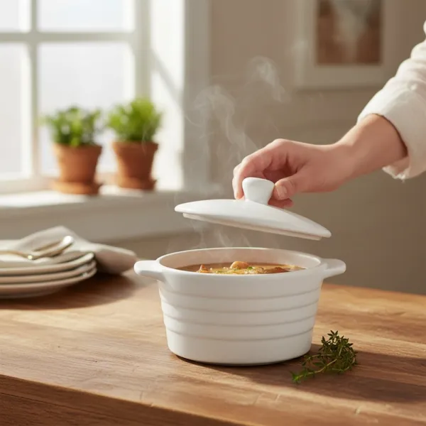 Alpina - Ceramic ovenproof dish with lid, round, 13x10 cm, 210 ml (white)