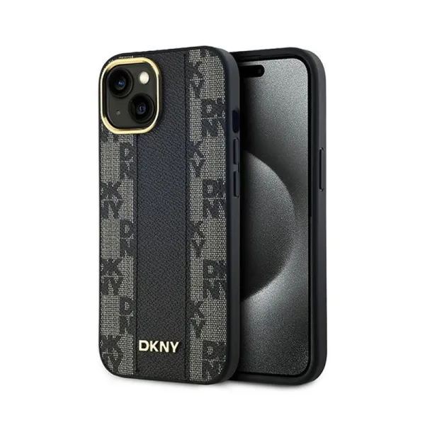 DKNY Leather Checkered Mono Pattern MagSafe - Case for iPhone 15 Plus / 14 Plus (Black)