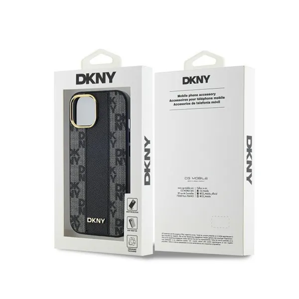 DKNY Leather Checkered Mono Pattern MagSafe - Case for iPhone 15 Plus / 14 Plus (Black)