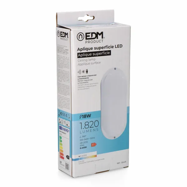 Sieninis apšvietimas EDM 32449 Balta Plastmasinis F 18 W 120 W 1820 Lm Judesių Jutiklis Šviesos sensorius Ovalus (6400 K)