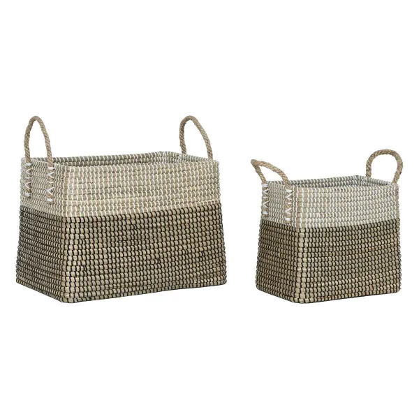 Basket set Home ESPRIT White Black Natural Seagrass Boho 44 x 25 x 38 cm 2 Pieces