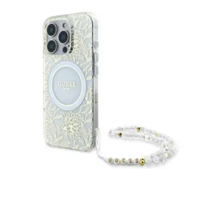Guess IML Flowers Allover Electro With Pearl Strap MagSafe - Case for iPhone 16 Pro (White)