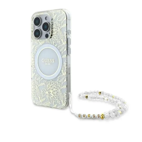 Guess IML Flowers Allover Electro With Pearl Strap MagSafe - Case for iPhone 16 Pro (White)