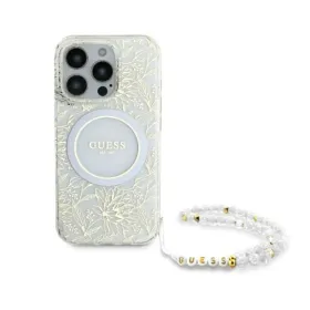 Guess IML Flowers Allover Electro With Pearl Strap MagSafe - Case for iPhone 16 Pro (White)