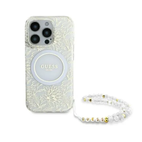 Guess IML Flowers Allover Electro With Pearl Strap MagSafe - Case for iPhone 16 Pro (White)