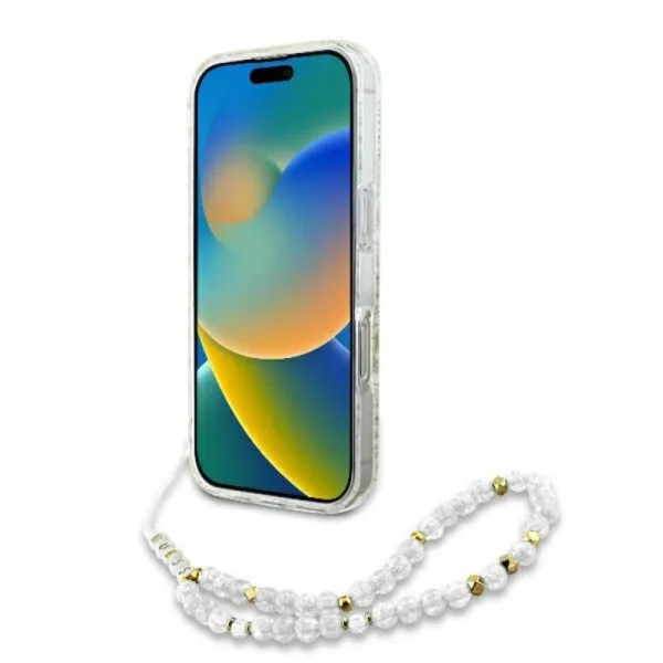 Guess IML Flowers Allover Electro With Pearl Strap MagSafe - Case for iPhone 16 Pro (White)