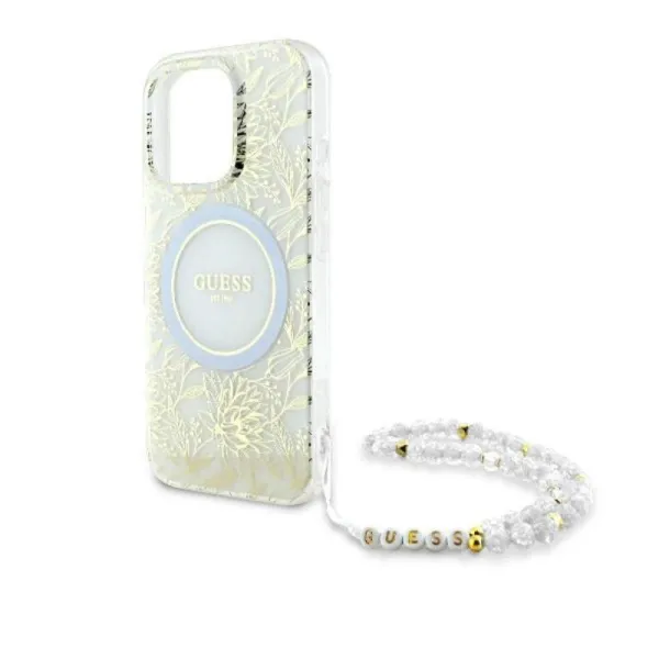 Guess IML Flowers Allover Electro With Pearl Strap MagSafe - Case for iPhone 16 Pro (White)