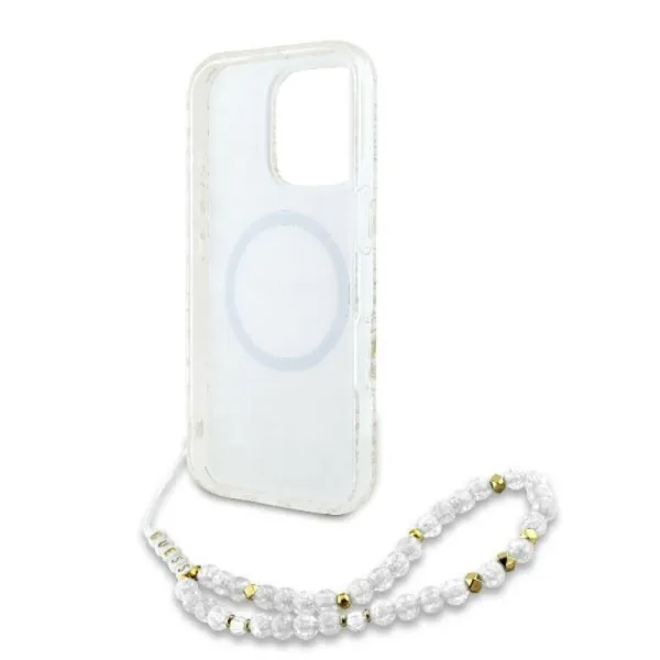 Guess IML Flowers Allover Electro With Pearl Strap MagSafe - Case for iPhone 16 Pro (White)