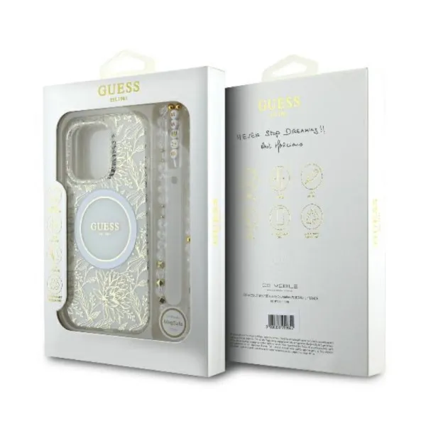 Guess IML Flowers Allover Electro With Pearl Strap MagSafe - Case for iPhone 16 Pro (White)