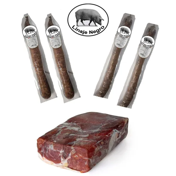 Iberian Cebo Ham, Chorizo and Salchichón Set Linaje Negro 8 kg Iberian Salchichón Extra x 2 Iberian Chorizo Extra x 2