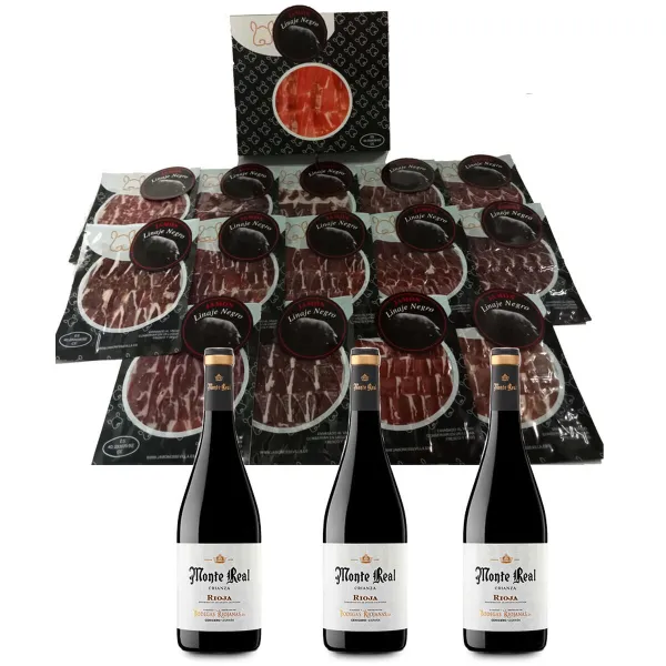 Grain-Fed Ham Shoulder Linaje Negro 100 g x 15 Bottle of red wine 750 ml x 3 Monte Real