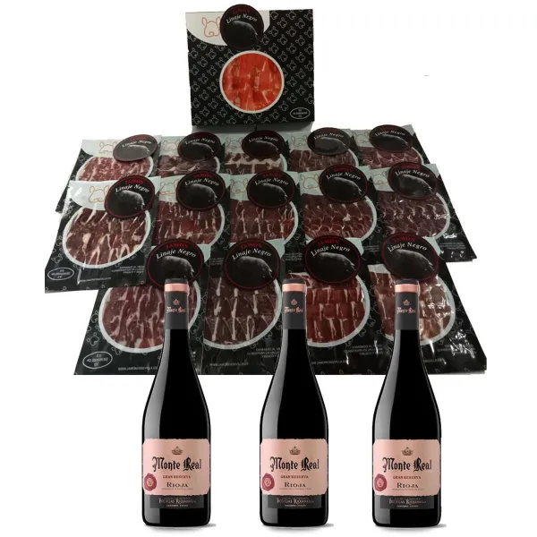 Gile maitinta „Iberico“ kumpis Linaje Negro 100 g x 15 Butelis raudono vyno 750 ml x 3 Monte Real