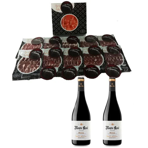 Cebo-kinkun lapa Linaje Negro 100 g x 10 Pullo punaviiniä 750 ml x 2 Monte Real
