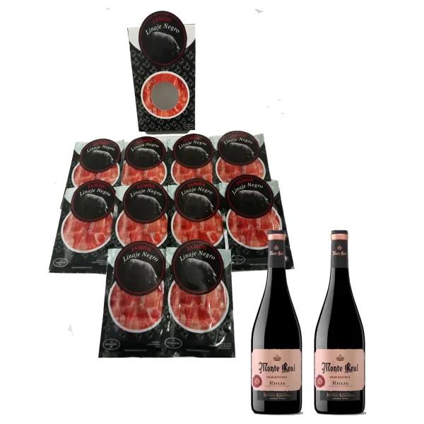Gile maitinta „Iberico“ kumpis Linaje Negro 100 g x 10 Butelis raudono vyno 750 ml x 2 Monte Real