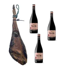 Tammenterhoilla ruokittu Iberico kinkku Linaje Negro 7 kg Pullo punaviiniä 750 ml x 3 Monte Real