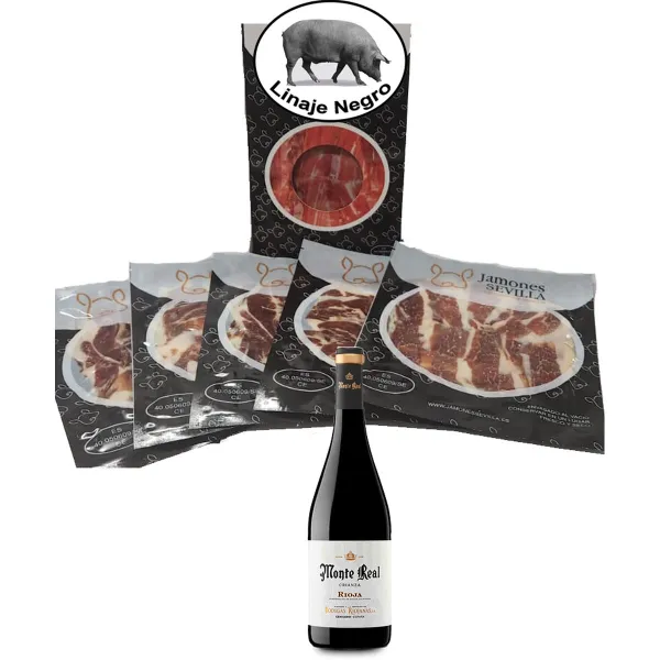Хамон де Себо лопатка Linaje Negro 100 g x 5 Бутылка красного вина 750 ml Monte Real