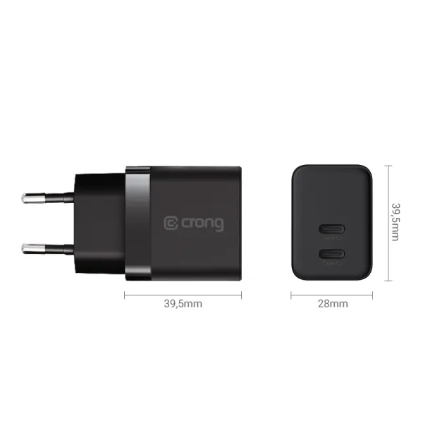 Crong Ultra Compact GaN - 2x USB-C 35W PD 3.0 Wall Charger with PPS (Black)