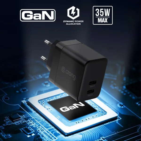 Crong Ultra Compact GaN - 2x USB-C 35W PD 3.0 Wall Charger with PPS (Black)