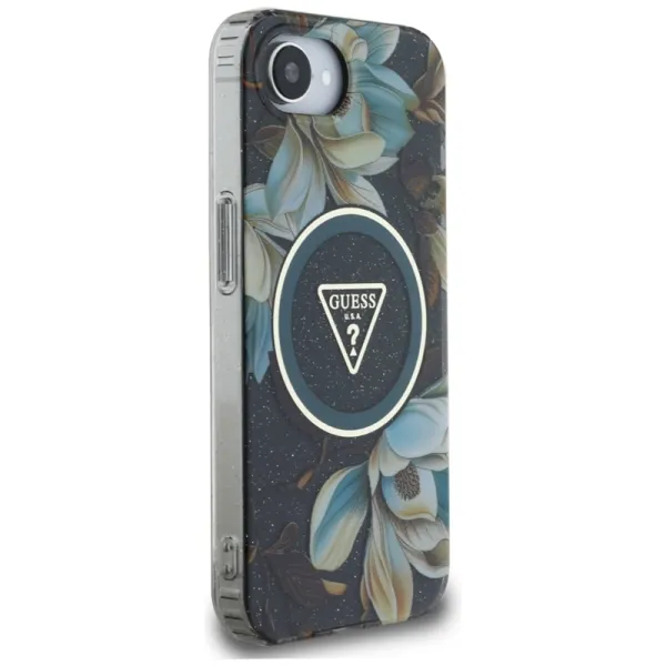 Guess IML Metal Glitter Flowers Triangle MagSafe - Case for iPhone 16e (black)