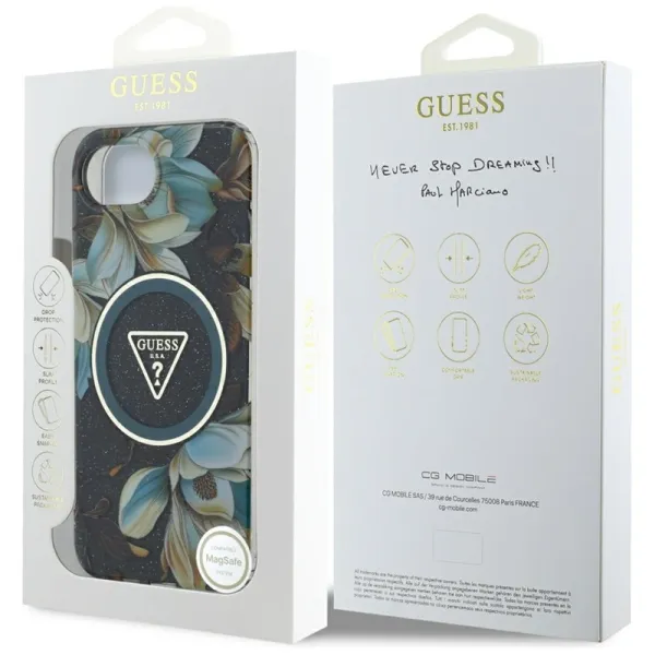 Guess IML Metal Glitter Flowers Triangle MagSafe - Case for iPhone 16e (black)