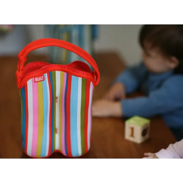BUILT Bottle Buddy Two Bottle Tote with holder (Baby Pink Stripe)