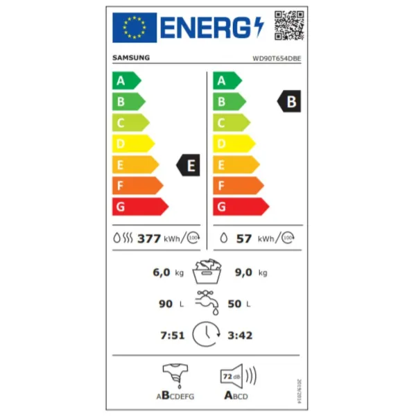 Washer - Dryer Samsung WD90T654DBE 9kg / 6kg 1400 rpm Balts