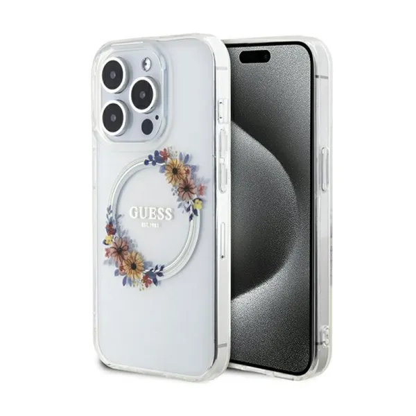 Guess IML Flowers Wreath MagSafe - Case iPhone 15 Pro Max (Clear)