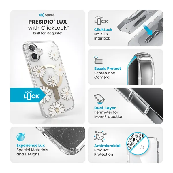 Speck Presidio Lux ClickLock & MagSafe - iPhone 16 Plus Case (Sunshine Daisies / Clear / Gold)