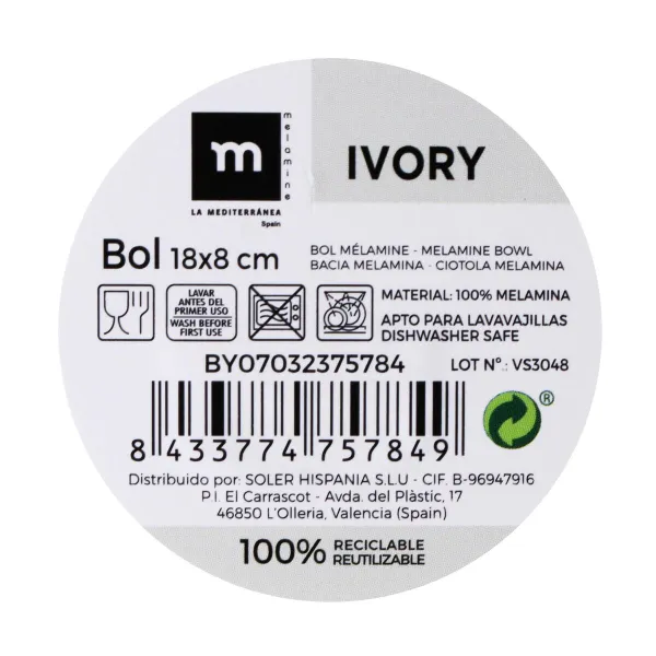 Snack Bowl La Mediterránea Melamin White Shine 18 x 18 x 8 cm (24 Units)