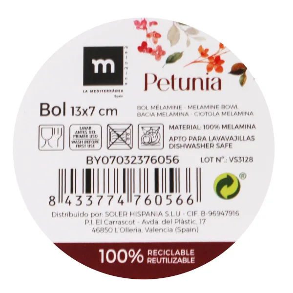 Snack Kulho La Mediterránea Petunia Melamiini Kiilto 13 x 13 x 7 cm (24 osaa)