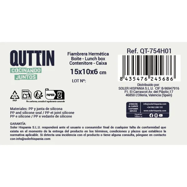 Hermetiška priešpiečių dėžutė Quttin 500 ml Stačiakampis 15 x 10 x 6 cm (12 vnt.)