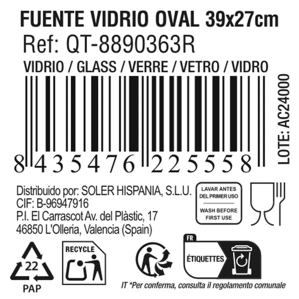 Orkaitės Indas Quttin   Skaidrus stiklas Ovalus 4,5 L 39,6 x 27,35 x 6,6 (4 vnt.)