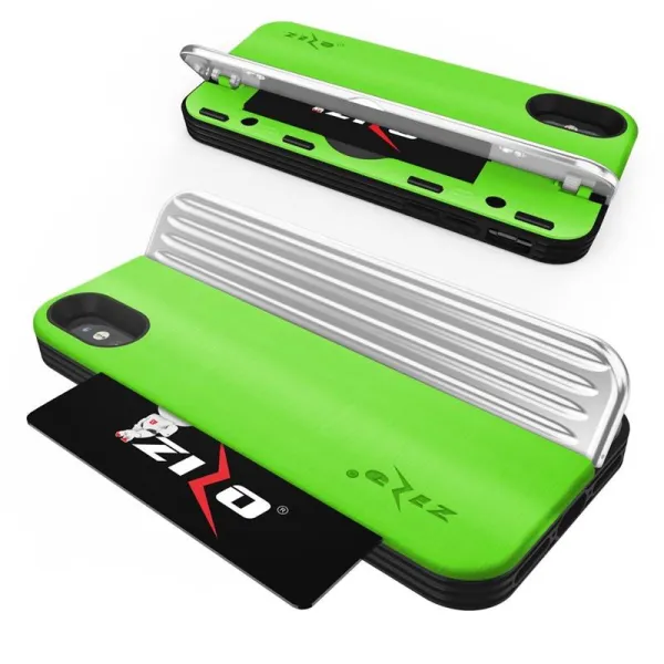 Zizo Retro Series - Wallet Back with Magnetic Closure and Built-In Kickstand for iPhone Xs /X (Neon Green/Silver)
