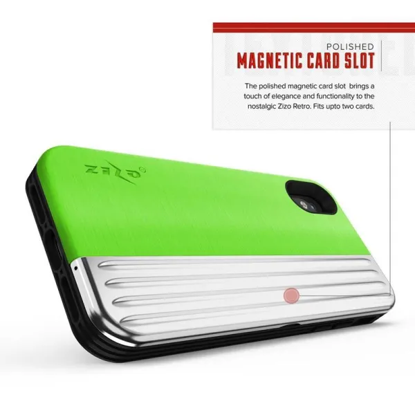 Zizo Retro Series - Wallet Back with Magnetic Closure and Built-In Kickstand for iPhone Xs /X (Neon Green/Silver)