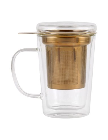 Double wall glass with gold stainless steal infuser 300ml AMO 29378