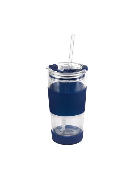 thermal glass mug with straw 600 ml FUORI navy blue 0381