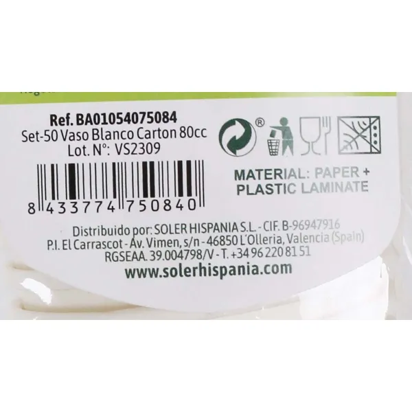 Lasisetti Algon Kartonki Kertakäyttöinen Valkoinen 36 Osaa 80 ml (50 Kappaletta)