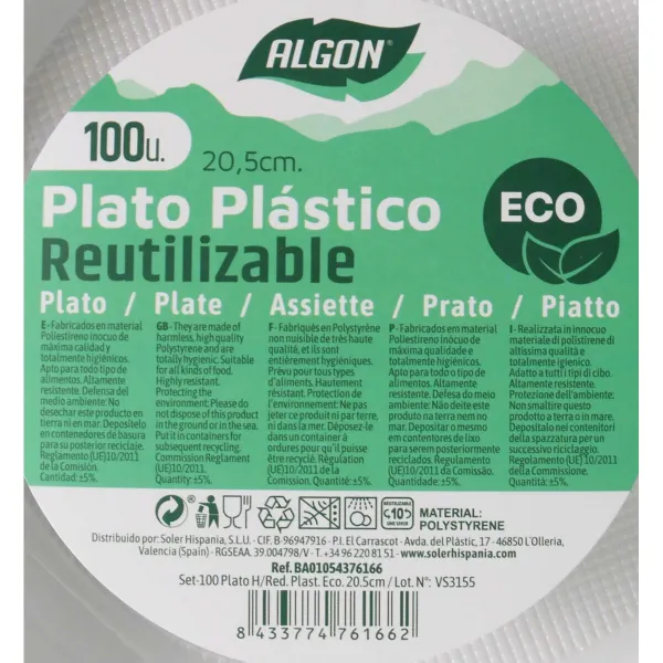 Set of reusable plates Algon White Plastic 20,5 x 20,5 x 3 cm (6 Units)