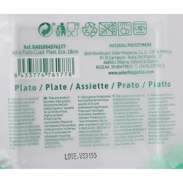 Vairākkārt lietojamu šķīvju komplekts Algon Balts Plastmasa 18 x 18 x 1,5 cm (36 Vienības)