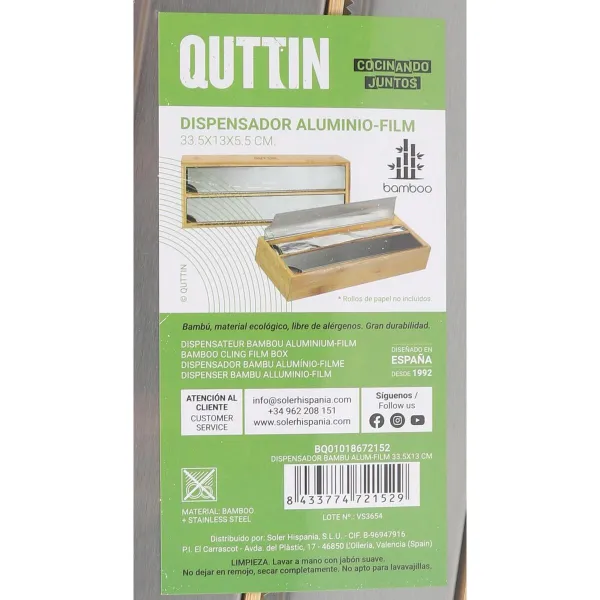 Kitchen Paper Holder Quttin Bamboo Aluminium 33,5 x 13 x 5,5 cm (12 Units)
