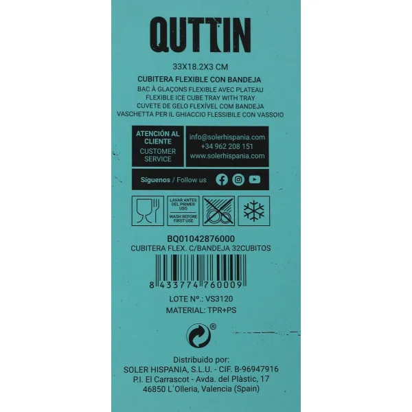 Ice Cube Mould Quttin Flexible 33 x 18,2 x 3 cm (12 Units)