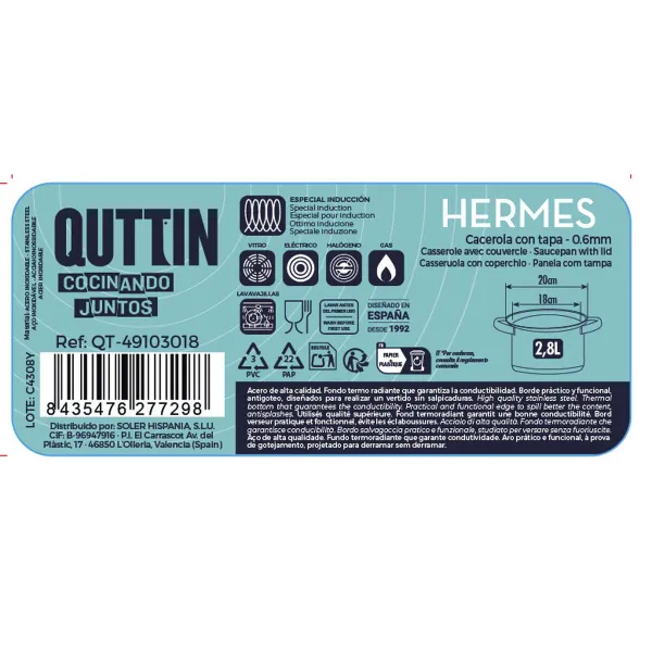 Кастрюля со стеклянной крышкой Quttin Hermes Сталь 2,8 L (6 штук)